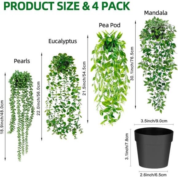 Artificial Hanging Plants for Shelf, 4 Pack Fake Potted Greenery Faux - Picture 2 of 7